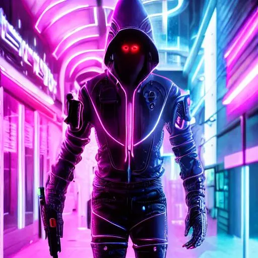 Prompt: UHD, , 8k, high quality, neon lighting, cyberpunk, hyper realism, Very detailed, clear visible face, male futuristic assassin, he is wearing a armor plated suit, he is standing in a city street with a purple neon sword