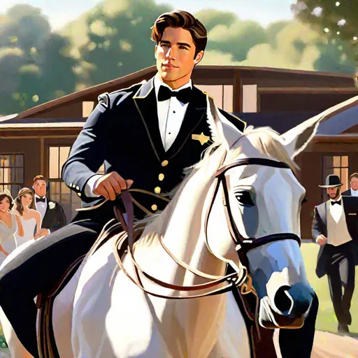 Prompt: Caleb  as a police officer (brown hair) (brown eyes) wearing a tuxedo, full body, riding a horse, pulling back on the reins, making the horse on its hind legs rearing  up, two large doors directly behind him, center, front-facing, stopping a wedding, objecting