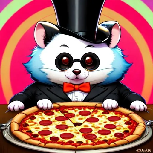 Prompt: (((fat round opossum))) wearing (((top hat and monocle))), fluffy, art style of sam yang and james jean! cute (((neon))) surrealism, pizza