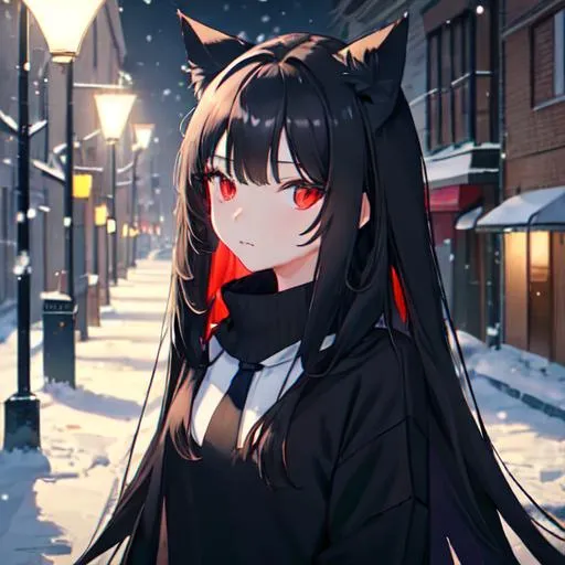 Prompt: A girl with long black hair and cat ears, wearing a black sweater, a white sweater, a blue tie and pretty red eyes is leaning against a lamp post in a small snowy town