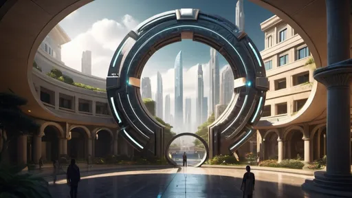 Prompt: magical portal between cities realms worlds kingdoms, circular portal, ring standing on edge, upright ring, freestanding ring, hieroglyphs on ring, complete ring, ancient greek architecture, gardens, hotels, office buildings, shopping malls, large wide-open city plaza, turned sideways view, futuristic cyberpunk tech-noir setting