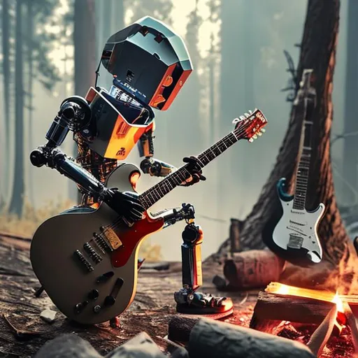 Prompt: 
ROBOT PLAYING GUITAR SINGING BY CAMP FIRE

