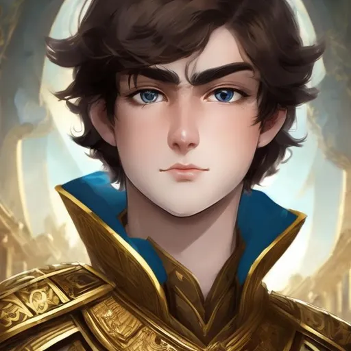 Prompt: a young kind emperor only the age of 22, with his short brown hair framing his face, white mask wraped around his heterochromia eyes of blue and gold.