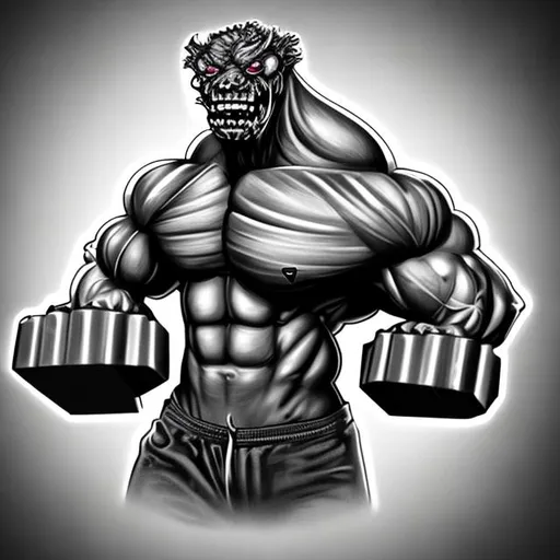 Prompt: Large Monster with Aesthetic muscles lifting dumbbells. for logo