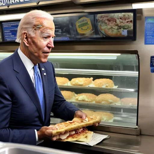 Prompt: joe biden eating a tuna sub at subway