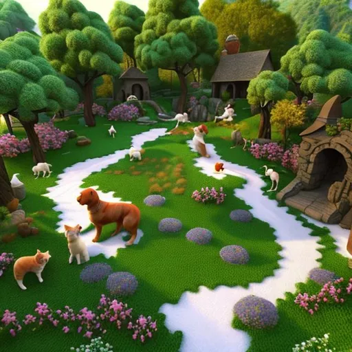 Prompt: Create a landscape with a dreamlike and dogs, cats, rabbits, etc. 