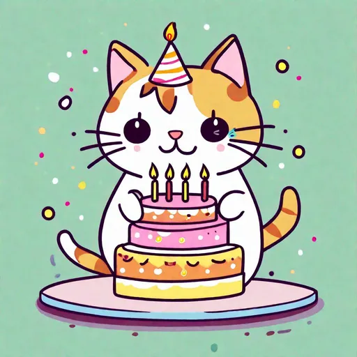 Prompt: a cat with a birthday cake, cartoonish, cute, kawai, funny