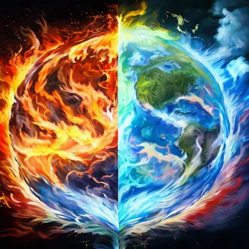 Prompt: fire and air vs water and earth, dark and light


