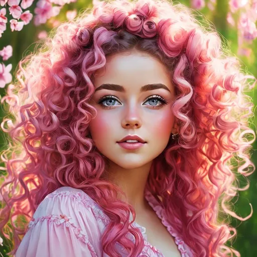 Prompt: a young fairy of spring, very curly hair, pink glow on cheeks,wildflowers, vivid colors, closeup