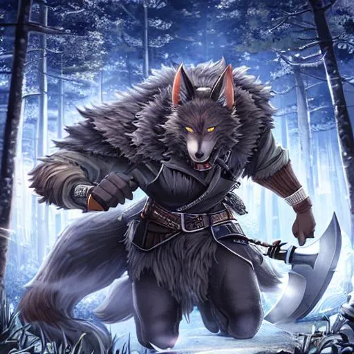 Prompt: Werewolf wielding an axe in forest