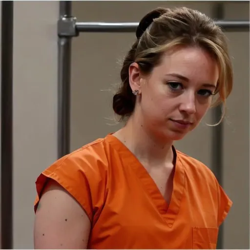 Prompt: elizabeth holmes in prison wearing orange scrubs prison uniform