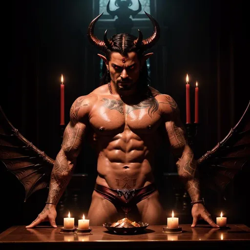 Prompt: close-up, perfect composition, cinematic, muscular Arabian, tattooed, demon-winged bulged demon with horns stands atop a satanic altar bathed in crimson candlelight, at night, poised to invite the viewer. The scene exudes an aura of both irresistible desire and perilous temptation. Overhead, a zenithal red hue bathes the composition, casting all in shades of passionate crimson. Feel free to offer any adjustments to enhance the visual impact and emotional resonance of the prompt. Make sure tu vary perspective, distance and profile in each outcome.