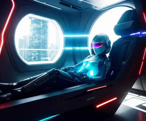 Prompt: a spaceship cyborg pilot in a transparent suit, laying down in a chair, in a cyberpunk setting, cyborg, implants, high details, realistic , professionally colour graded, photorealism, 8k, grim dark lighting, art by the Caravage