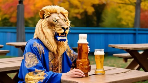 Prompt: smiling lion in a regal royal blue and gold robe drinking from a stein of beer at a picnic table in a beer garden with fall foliage 