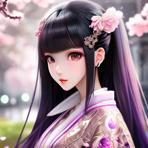 Prompt: splash art, hyper detailed perfect face, realistic, girl in the image, pale pink skin, kimono black kimono sakura girl,

full body, long legs, perfect body, midnight purple hair,black kimono,

high-resolution cute sad hurt face dull face, perfect proportions, intricate hyperdetailed hair, sparkling, smiling, highly detailed, intricate hyperdetailed dull eyes, midnight and white flowy and short dress and dark blue earring buds with crystals dangling from them

Elegant,sad, hurt,

HDR, UHD, high res, 64k, cinematic lighting, special effects, hd octane render, flowers background, professional photograph, studio lighting, trending on artstation
