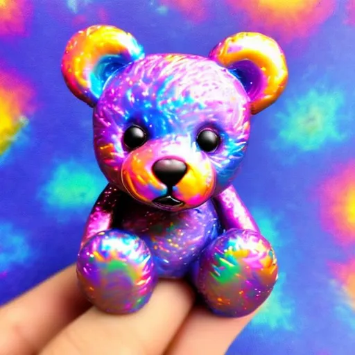 Prompt: Miniature teddy bear in the style of Lisa frank