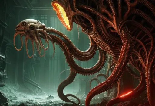 Prompt:  sci fi,, lovecraftian creature, horror,  alien squid hybrid, dark eyes, polymorph, 4k, sharp focus, studio photo, intricate details, highly detailed, 8k, overgrown post apocalyptic, 3d render,
radioactive glow, red hue, very detailed, cinematic, cinematic lighting, ultra detailed, exotic, vivid detail, beautiful soft lighting, life like, photorealism, studio lighting, fantasy, dark, morbide, overgrown, mossy, retro-futuristic, post-apocalyptic, industrial design, construction machine, dirt, dirty, view from side, photorealistic, high density of details, object rendering, retro-futuristic, post-apocalyptic, industrial design, dirt, dirty, view from side, photorealistic, high density of details, object rendering, realistic, award wining photogrpahy, wide angle, sci fi,, lovecraftian creature, horror,  alien squid hybrid, dark eyes, polymorph, 4k, sharp focus, studio photo, intricate details, highly detailed, 8k, overgrown post apocalyptic, 3d render,
