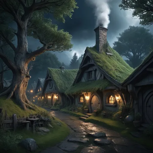 Prompt: Weathered, fantasy RPG style hobbit village in forest, high res, eerie atmosphere, dark mood, heavy rain, detailed structure, detailed foliage, various trees, high quality, detailed, RPG, fantasy, weathered, atmospheric lighting, dense foliage, diverse trees, rustic, dark blue tones, smoke from chimney, night, dramatic view, seen from distance
