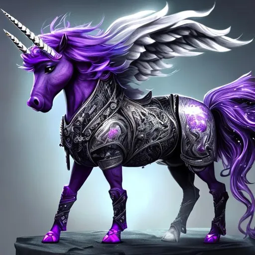 Prompt: Purple and black unicorn with silver hair ridden by a silver haired warrior with hyper detailed clothes


