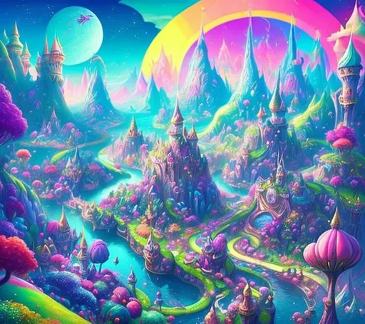 Prompt: Create me a fantasy land should be colourful and magical utopia vibes. 