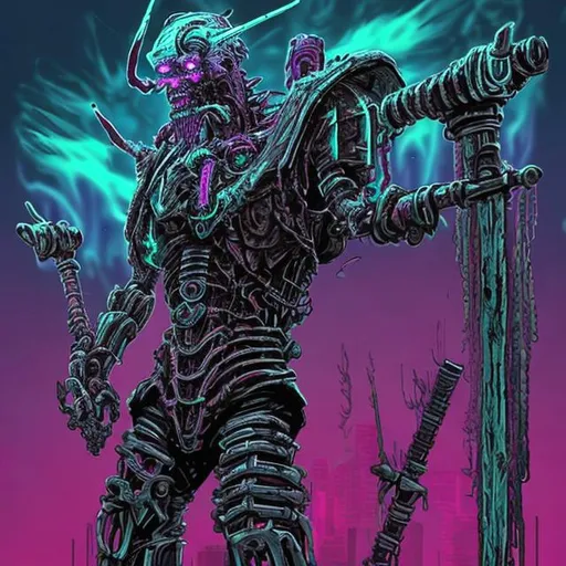 Prompt: Synthwave draugr. Viking robot undead warrior. Norse Cybernetic Zombie Fighter.