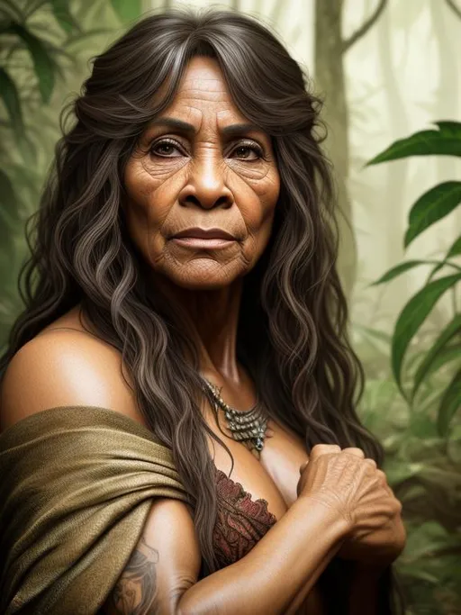 Prompt: long shot super detailed lifelike illustration, intricately detailed, dramatic lighting, large muscles, gorgeous detailed face, wearing rags, Guinea pig woman with long fur  in the jungle