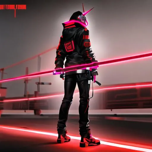 Prompt: Male character, black but red neon gas mask, cyber netrunner hood (black but neon red), neon red Sword In its Back, Red Mecha Cyber Jacket, black jeans, red shoes