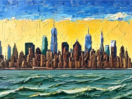 Prompt: Thick oil impasto York Skyline from 42nd Street Pier, thick oil impasto