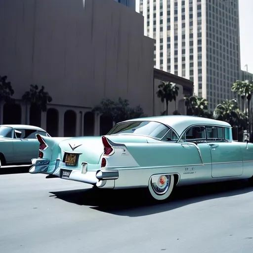 Prompt: A highly realistic picture shot of a 1956 cadillac in downtown Los Angeles. Have the background of this picture look like futuristic cars. Have the buildings in the background detailed and realistic.