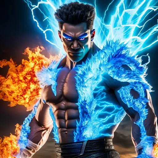 Prompt: High-resolution hyperrealistic photo of x-man iceman bobby drake merged with x-man sunfire shiro yoshida, raging burning ice hulk, inhuman, enraged, frosty, icy flames everywhere, uhd, hdr, 64k