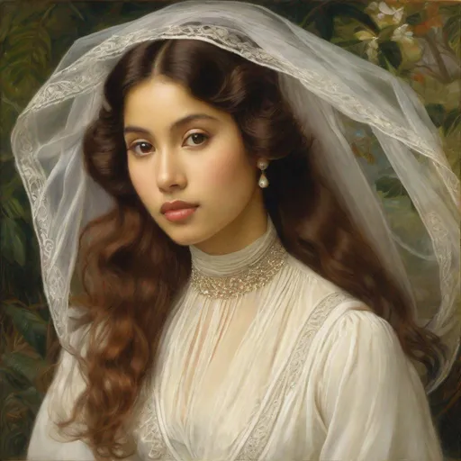 Prompt: half body, pretty young Indonesian woman, 25 year old, (round face, high cheekbones, almond-shaped brown eyes, small delicate nose), white cottehardie,  white open veil, character portrait by Elizabeth Polunin, featured on cg society, pre-raphaelitism, pre-raphaelite, enchanting, elegant, masterpiece, intricate detail