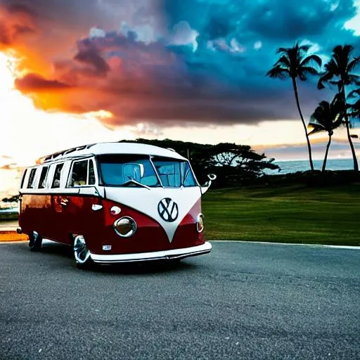 Prompt: slammed, split window 67 volkswagen bus, dramatic lighting, hawaii sunset, piccaso style