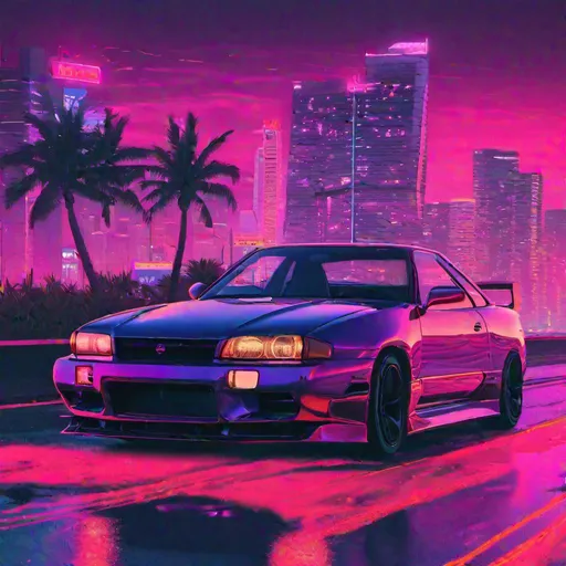 Prompt: Nissan Skyline 1999, synthwave, aesthetic cyberpunk, miami, coastal highway, dusk,  neon lights