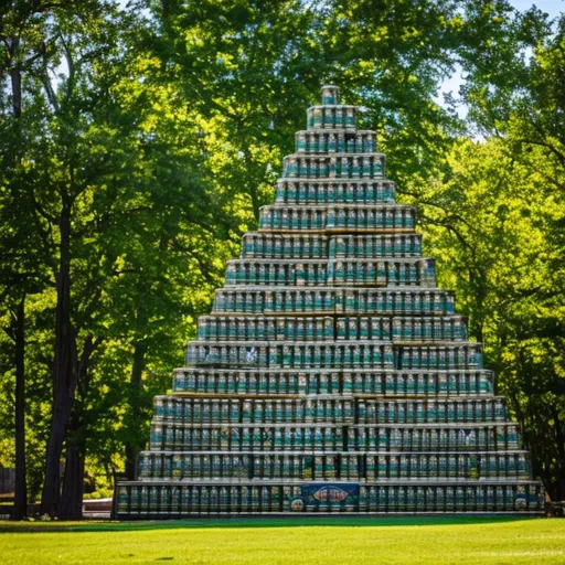 Prompt: Ancient beer can pyramid of the Olafs