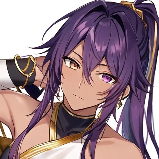 Prompt: Soma 1male. He has dark skin, gold eyes, and long, wavy plum purple hair worn loose to his shoulders; part of it is a ponytail clipped in place with a gold clip. Masculine anime style. 4K, highly detailed. close up, pfp