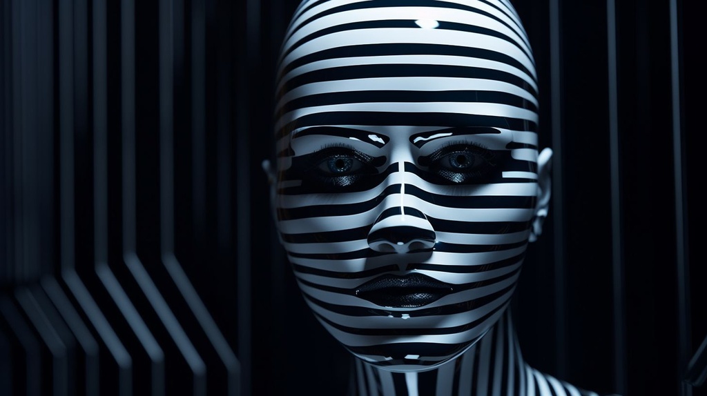 Prompt: 'face in the dark' image from the artist 'apollos tzavahniki', in the style of high-tech futurism, stop-motion animation, horizontal stripes, chrome reflections, light silver and dark navy, mind-bending patterns, futuristic robots