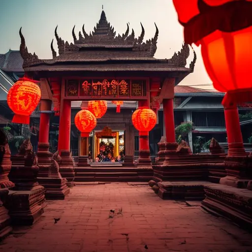 Prompt: A traditional Cambodian temple with red lanterns in cyberpunk city 