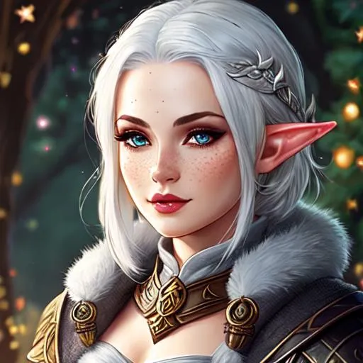 Prompt: dnd, elf, portrait, grey shin, short white hair, female, Illustration, star freckles