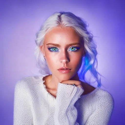 Prompt: portrait of a beautiful young woman with blue eyes and white hair highly detailed warm background colors
