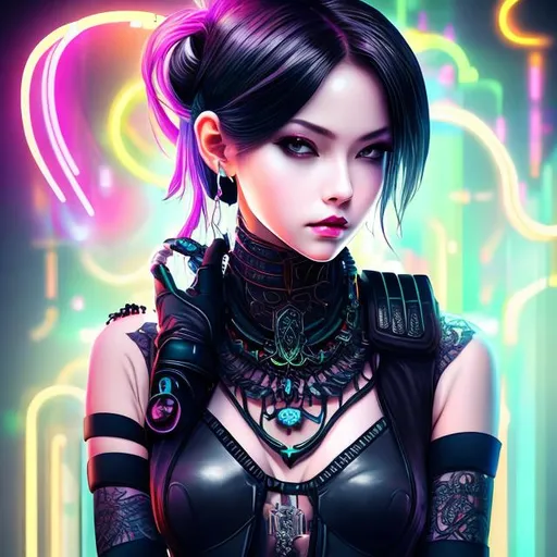 Prompt: neon punk. mysterious lady. insanely beautiful. perfect anatomy. symmetrically perfect face. beautiful long black. beautiful amber eyes. hyper realistic. super detailed. soft colours. no extra limbs or hands or fingers or legs or arms.
