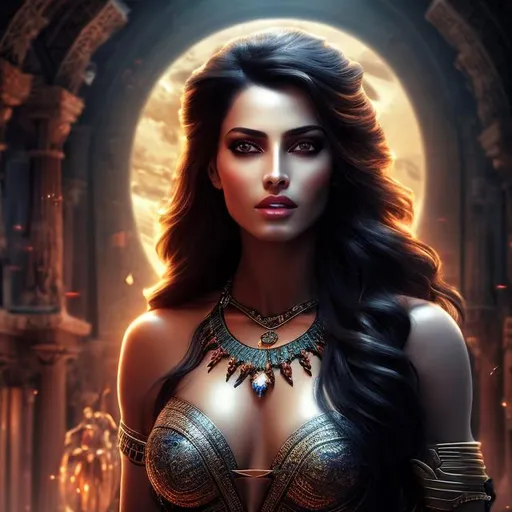Prompt: HD 4k 3D 8k professional modeling photo hyper realistic beautiful warrior woman ethereal greek goddess of gluttony
evil curvy black hair dark eyes gorgeous face dark skin shimmering dress with jewelry full body surrounded by magical glowing light hd landscape background food drink bed pillows laying down