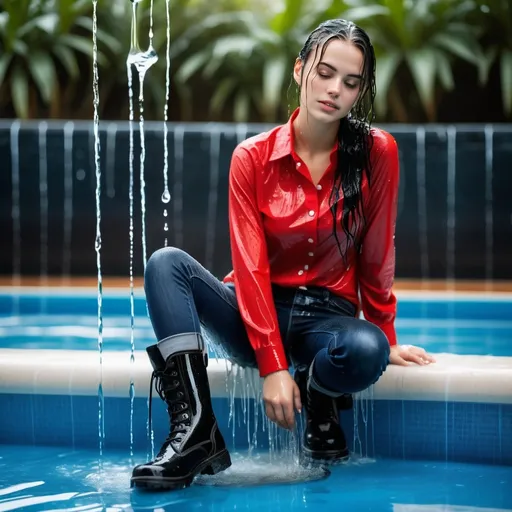 Prompt: photo of young woman, soaking wet clothes, Black boots, jeans, red shirt,  , pool,   enjoying, water dripping from clothes, clothes stuck to body,  detailed textures of the wet fabric, wet face, wet plastered hair,  wet, drenched, professional, high-quality details, full body view.