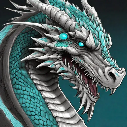 Prompt: Concept design of a dragon. Dragon head portrait. Coloring in the dragon is predominantly dark gray with subtle cyan streaks and details present.