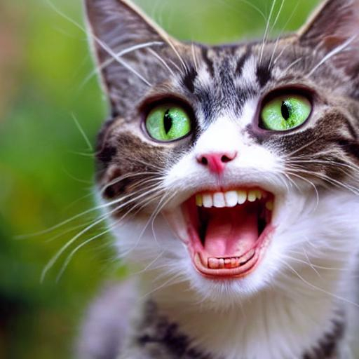 funny cat with big eyes and human teeth, eyes must b...