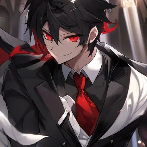 Prompt: Damien  (male, short black hair, red eyes) demon form, wearing a tuxedo, standing at the altar, biting his lip seductively, close up