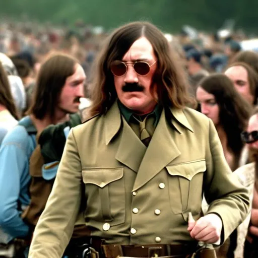 Prompt: adolf hitler dressed as a hippie at woodstock 1969