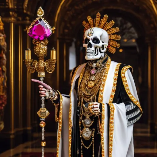 Prompt: Masterwork, octane render. skeleton, Wearing Mirage Vest, {dapper}, Wearing a Festival Robe {dias de los Muertos, fur coat}, wearing gold necklace with ruby jewel. holding a staff with a diamond mounted on top