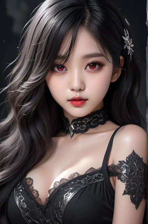 Prompt: Majestic Korean K-pop girl idol with red eyes, red lips, shoulder-length dark black hair, feminine body, in the style of light silver and dark black, cosplay girl, cottagecore, kawacy, realistic CG style, detailed eyes, ethereal, glowing effect, shimmering silver and black, mystical atmosphere, enchanting lighting, highres, ultra-detailed, k-pop, whimsical, feminine, majestic, glowing eyes, ethereal beauty, detailed hair