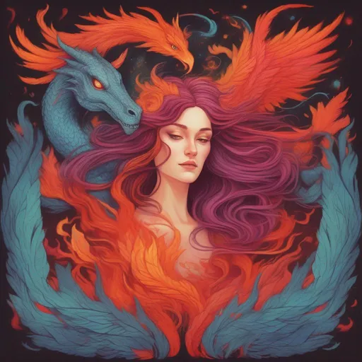 Prompt: A colourful and beautiful Persephone, with hair being made out of lava, surrounded by a dragon and a pheonix, flying in the sky in a painted style