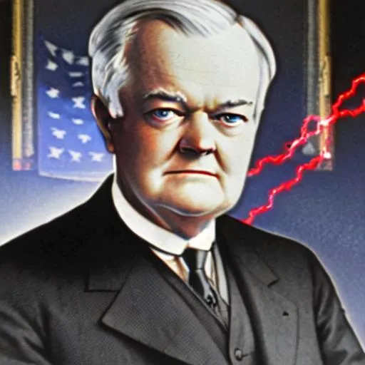 Prompt: a zoomed in picture on Herbert Hoover. He is a super hero of America. His eyes are glowing red with lasers. Light and super powers around him